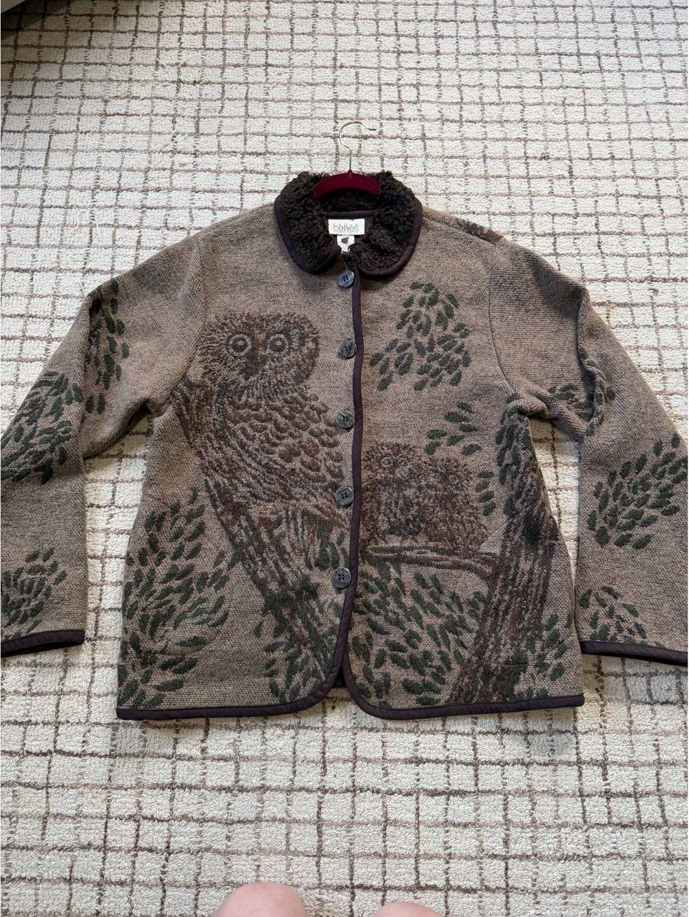 Vintage women’s wool blend owl jacket grandma cottagecore outdoors cabin granola